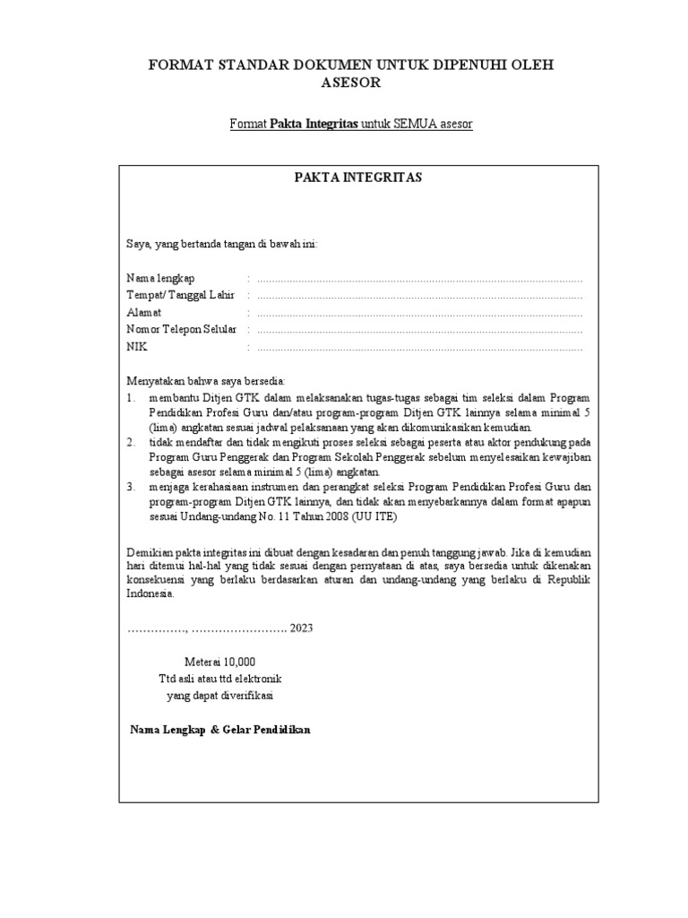 Template Pakta Integritas | PDF