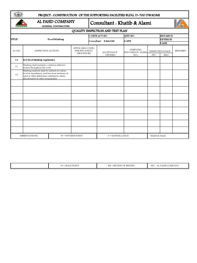 Quality Inspection Plan for Road Marking | PDF