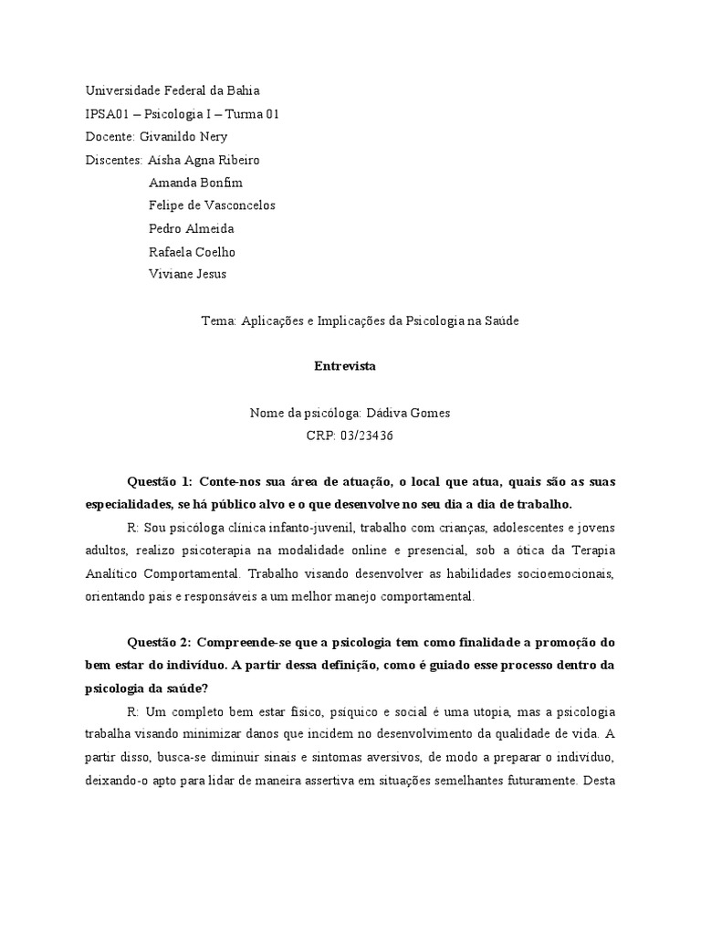 Entrevista com psicóloga clínica infantojuvenil sobre a atuação da Psicologia da Saúde PDF