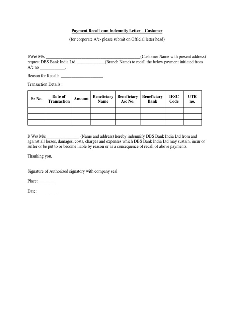 Payment Recall and Indemnity Letter | PDF