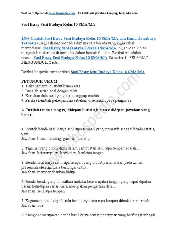 50 Soal Essay Seni Budaya Kelas 10 Terbaru dengan Kunci Jawaban