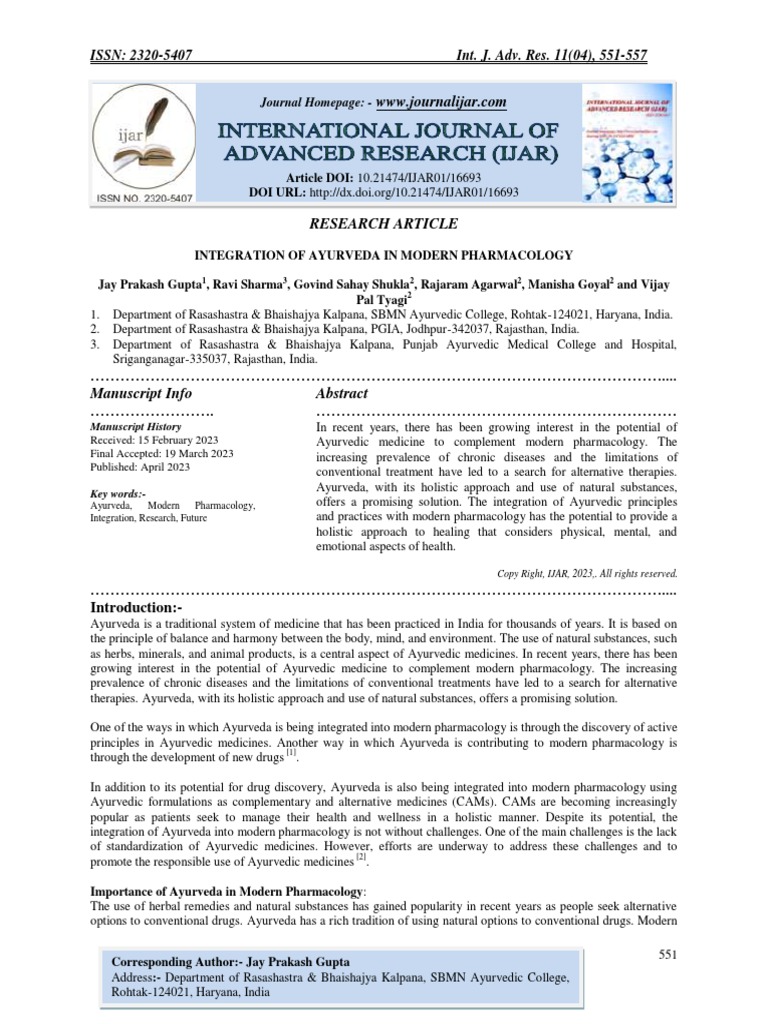 INTEGRATION OF AYURVEDA IN MODERN PHARMACOLOGY PDF Ayurveda