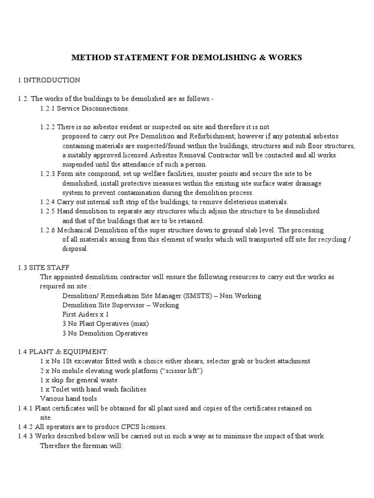 Demolition Method Statement Overview | PDF | Demolition | Waste