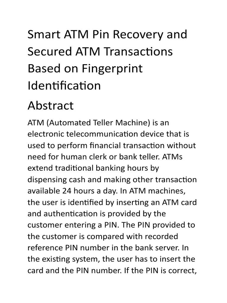 Smart ATM Pin Recovery and Secured ATM Transactions Based on Fingerprint Identification PDF