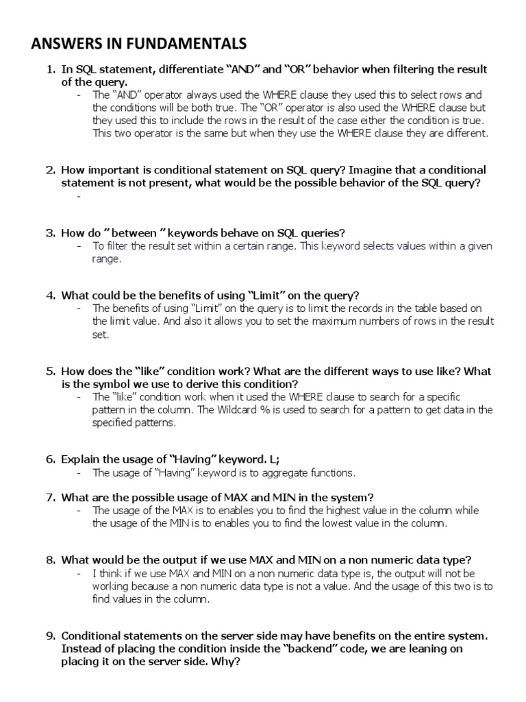 Answers in Fundamentals | PDF | Sql | Software Development
