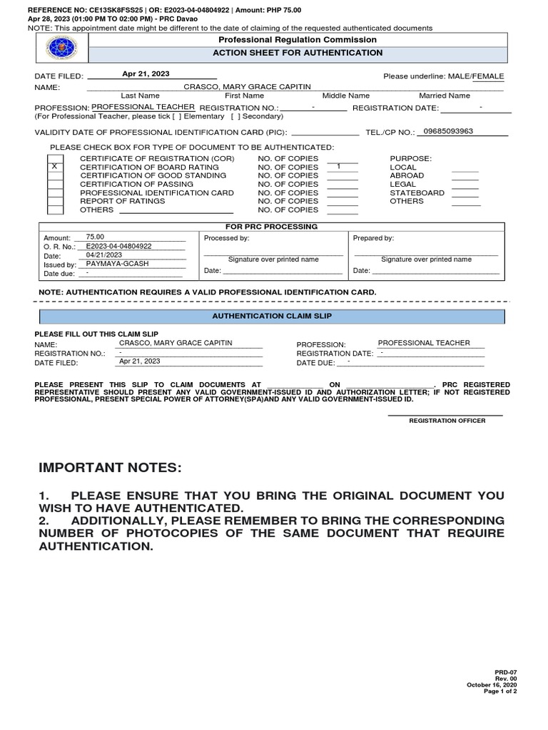 Important Notes:: Professional Regulation Commission Action Sheet For ...
