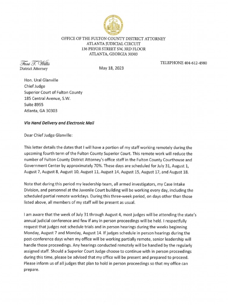 Letter To Chief Judge Ural Glanville 5-18-23 | PDF | Judge | District  Attorney