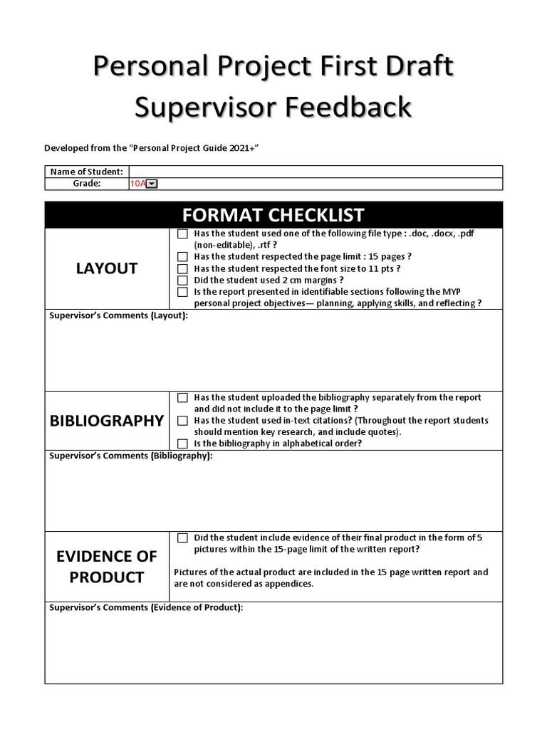 MYP Personal Project Report Checklist | PDF | Goal | Learning