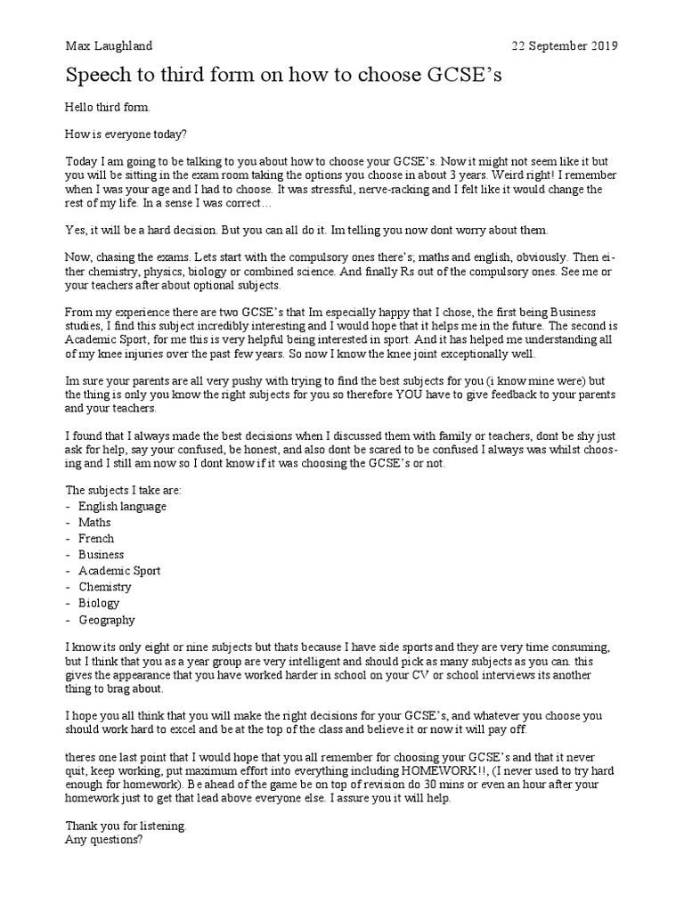 Speech To Third Form English. | PDF