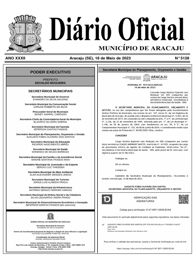Edição do Diário Oficial de Aracaju contendo atos das secretarias ...