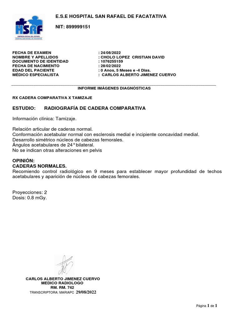 E.S.E Hospital San Rafael de Facatativa NIT: 899999151: Transcriptora ...