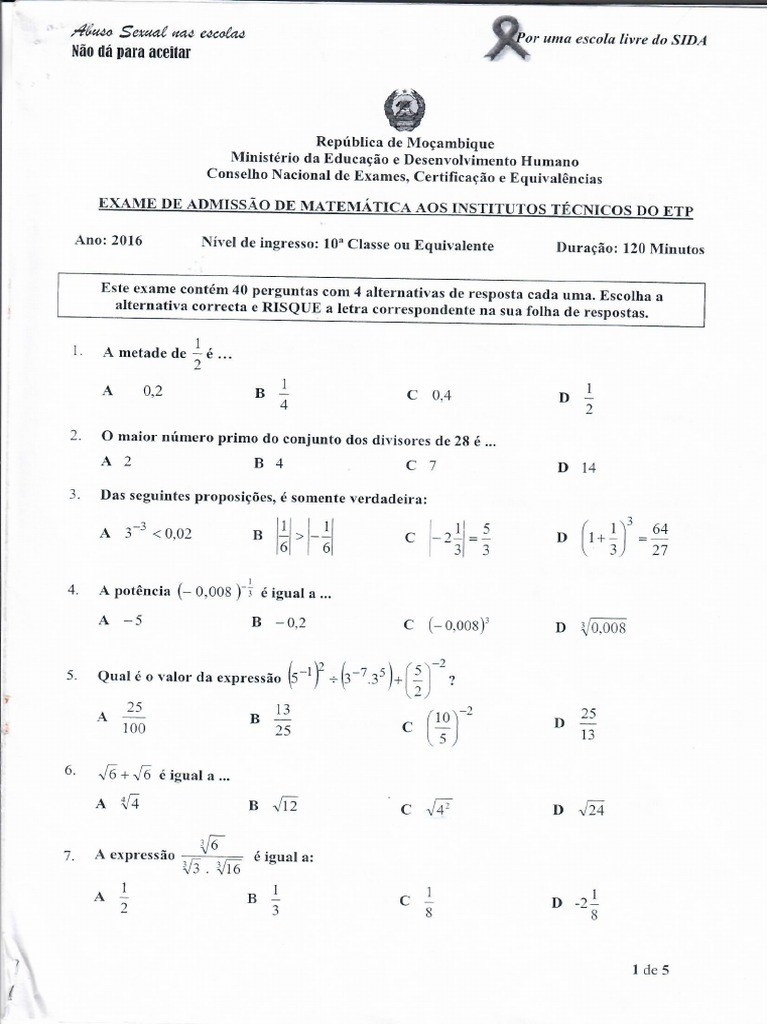 Exames de Amissao de Matematica 2016-2019 | PDF