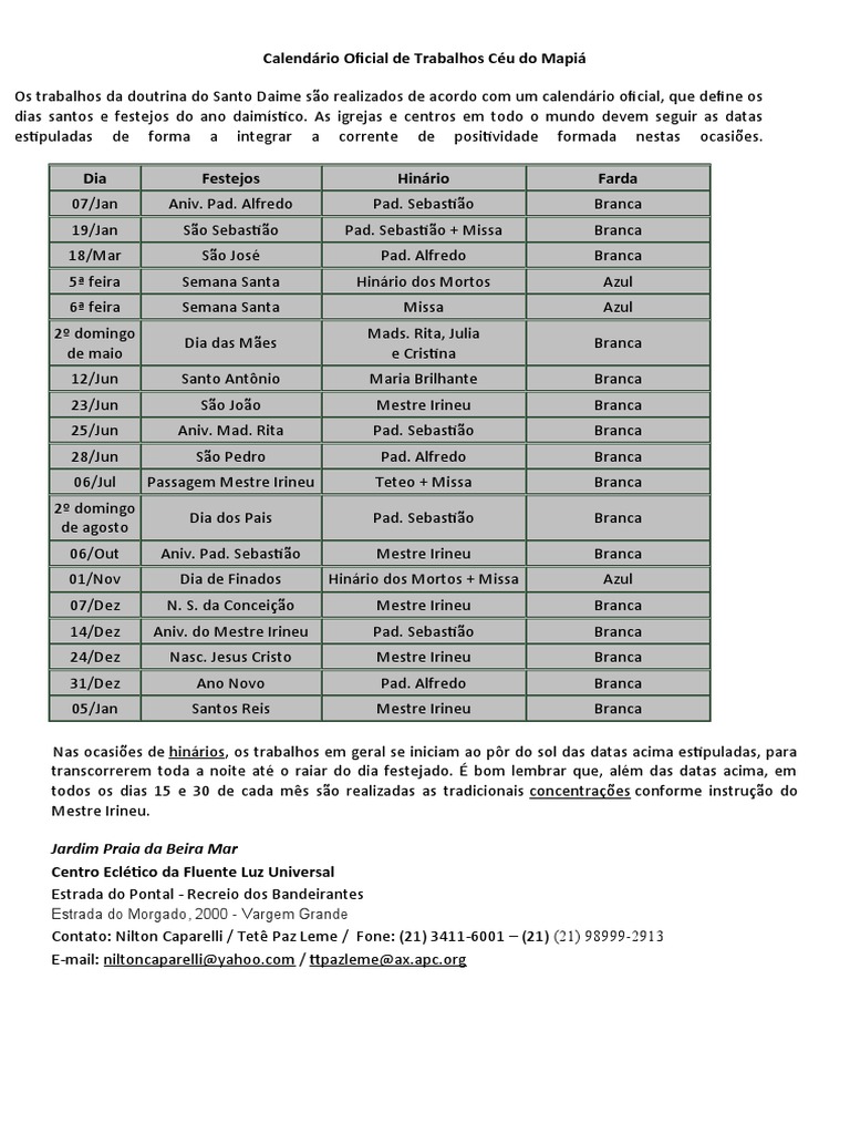 Calendário Oficial Santo Daime 2025 | PDF | Missa (liturgia)