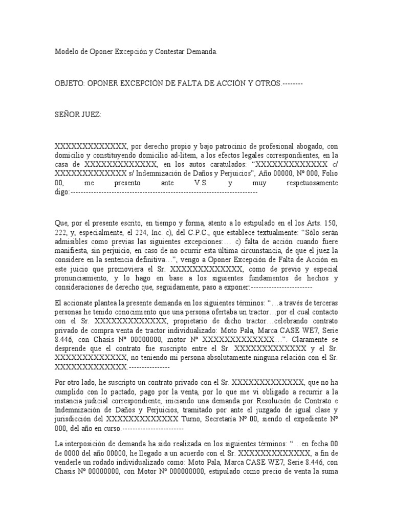 Modelo para Oponer Excepción Judicial | PDF | Mandato | Ley procesal