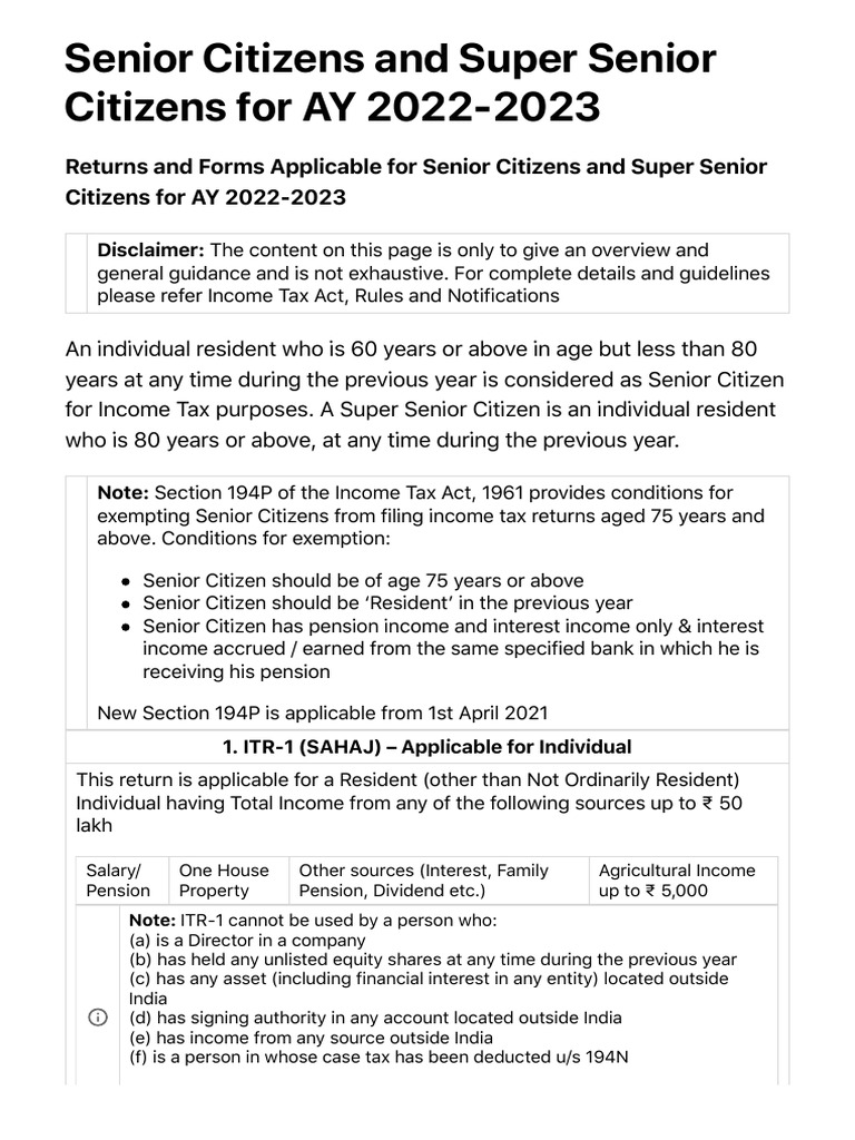 Senior Citizens and Super Senior Citizens For AY 20222023 Tax
