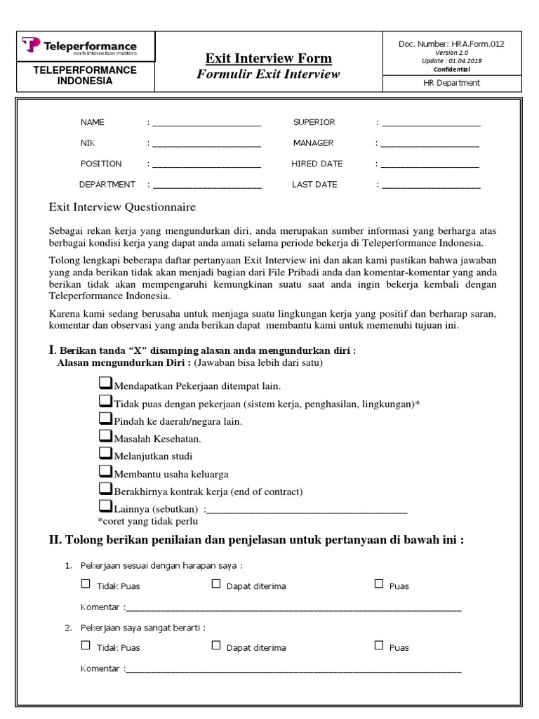 Form Exit Interview - Agent | PDF | Pengelolaan Keuangan & Uang