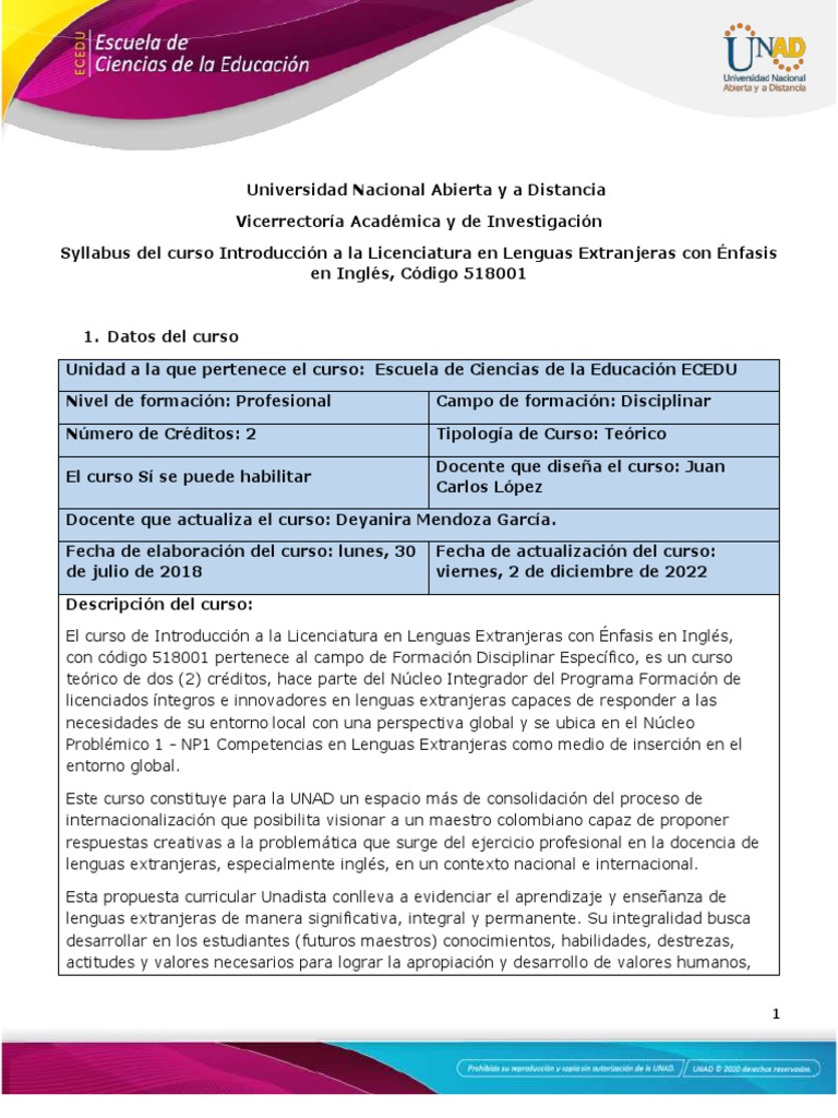 Syllabus Licenciatura en Inglés UNAD | PDF | Plan de estudios | Maestros