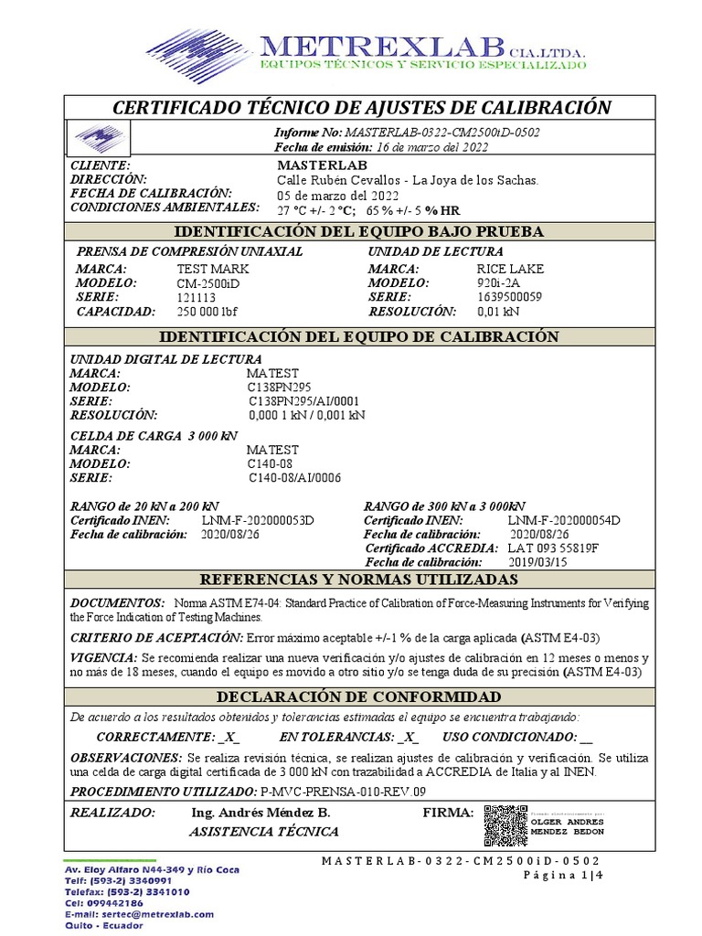 Prensa de Compresion Testmark CM+2500 | PDF | Calibración | Metrología