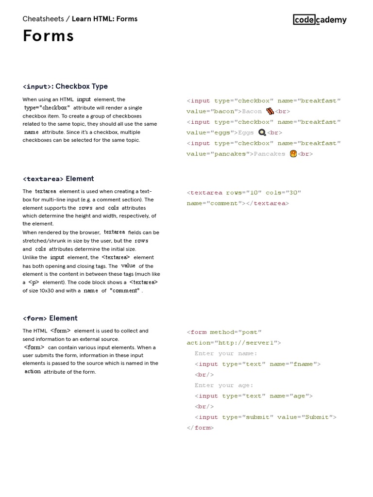 Learn HTML - Forms - Forms Cheatsheet - Codecademy | PDF | Html | Html ...