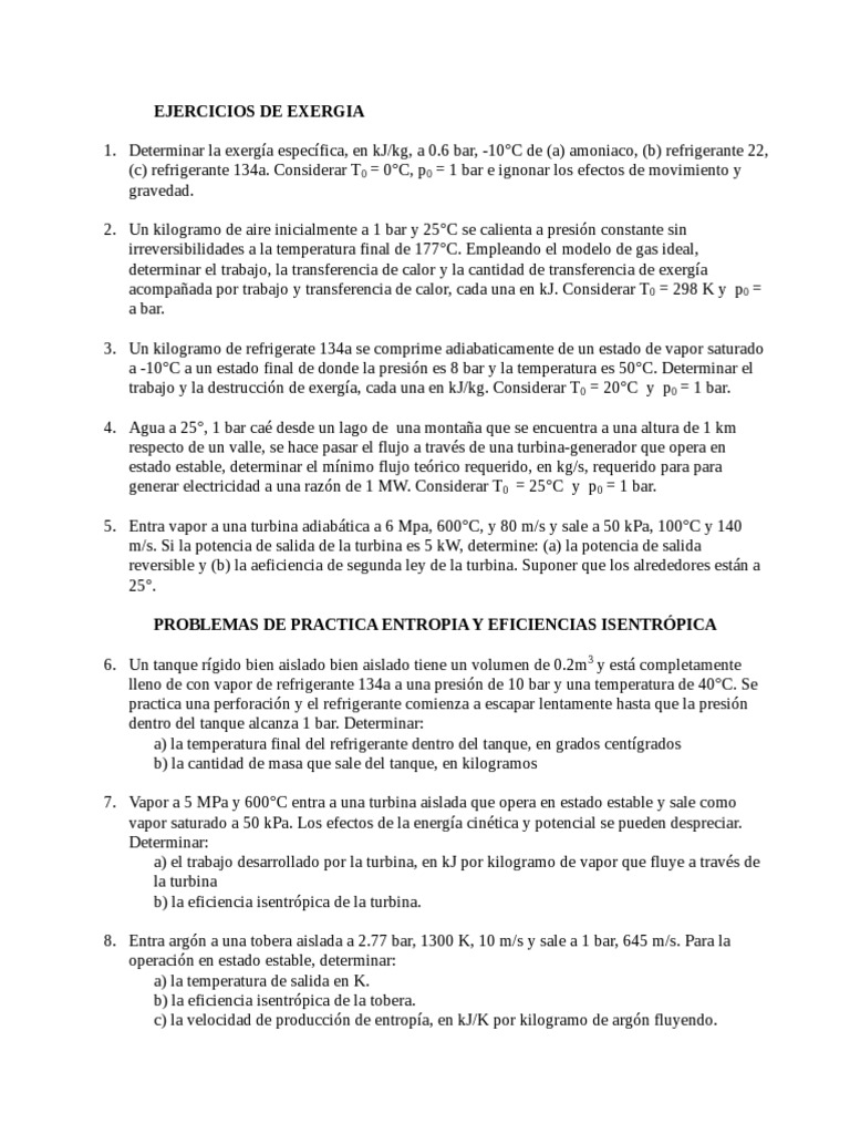 Ejercicios de Exergía y Eficiencia Termodinámica | PDF | Ejercicio ...