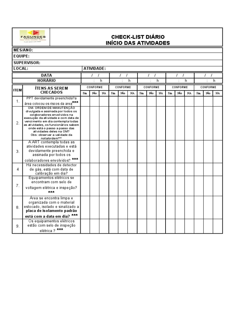 Check List Inicio Das Atividades | PDF