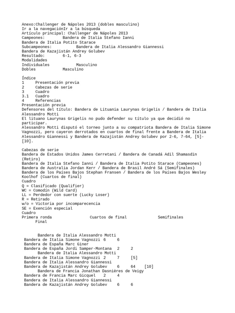 Anexo Challenger de Nápoles 2013 (Dobles Masculino) PDF Deportistas