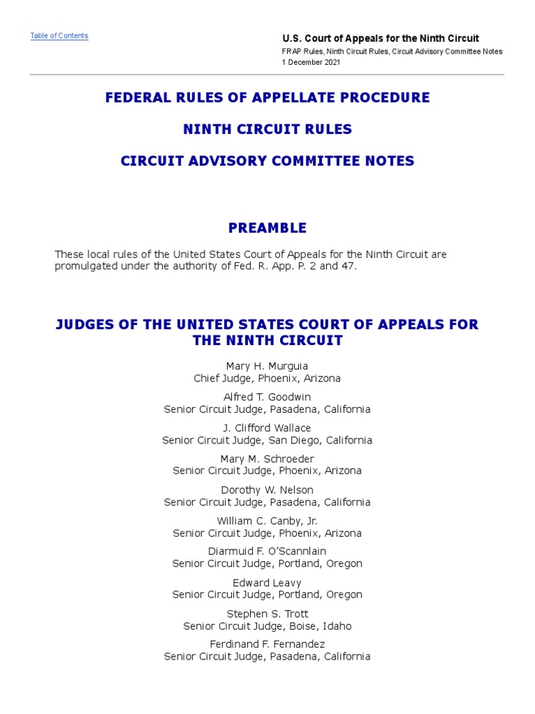 Federal rules of appellate procedure ninth circuit rules circuit