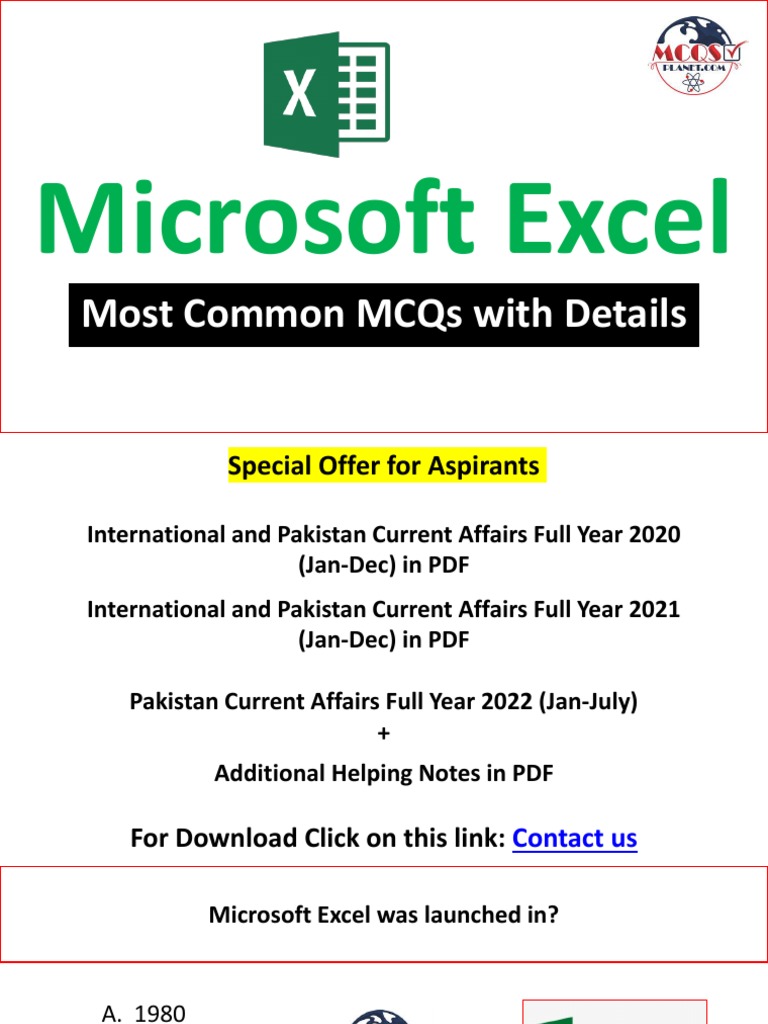 Microsoft Excel MCQs Set1 PDF Microsoft Excel Spreadsheet