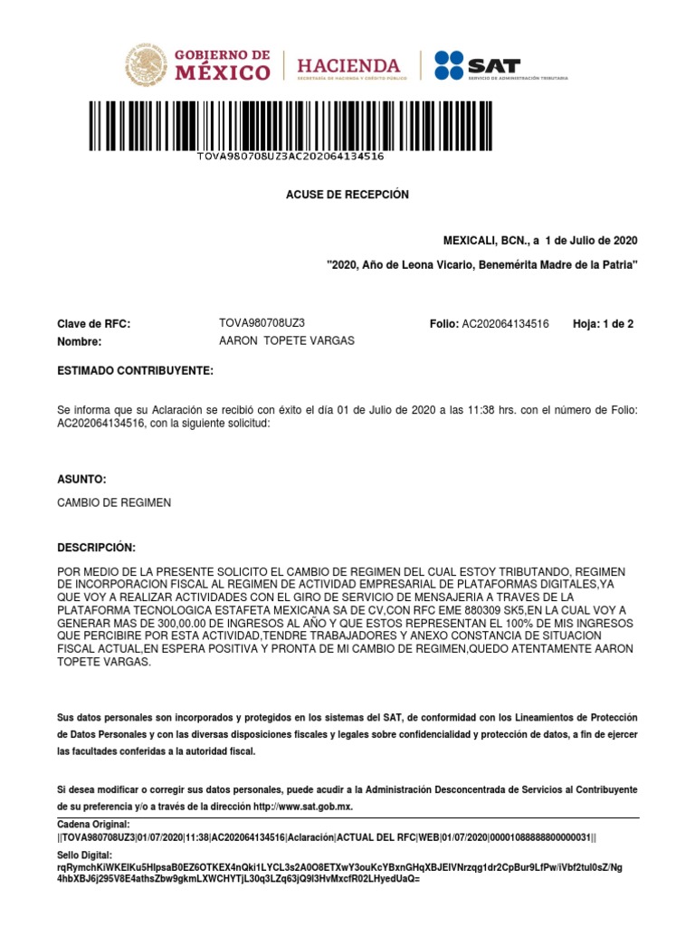 Acuse de Recepción SAT - Cambio de Régimen | PDF | ciberespacio ...