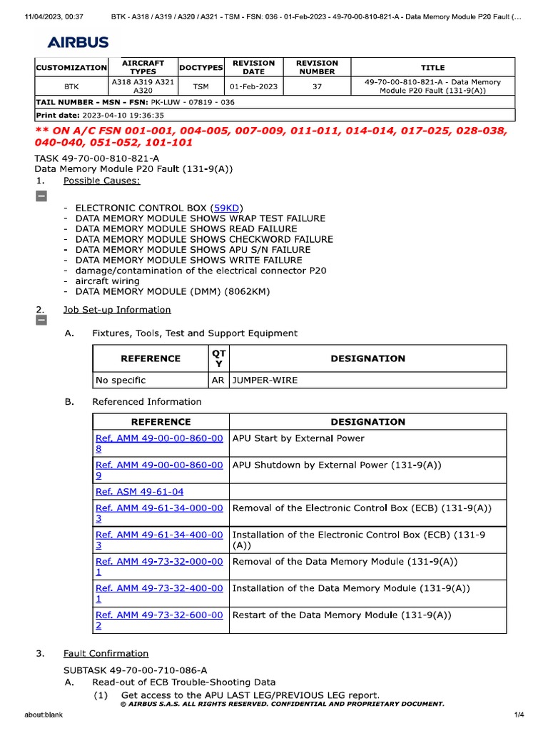 TASK 49-70-00-810-821-A Data Memory Module P20 Fault | PDF