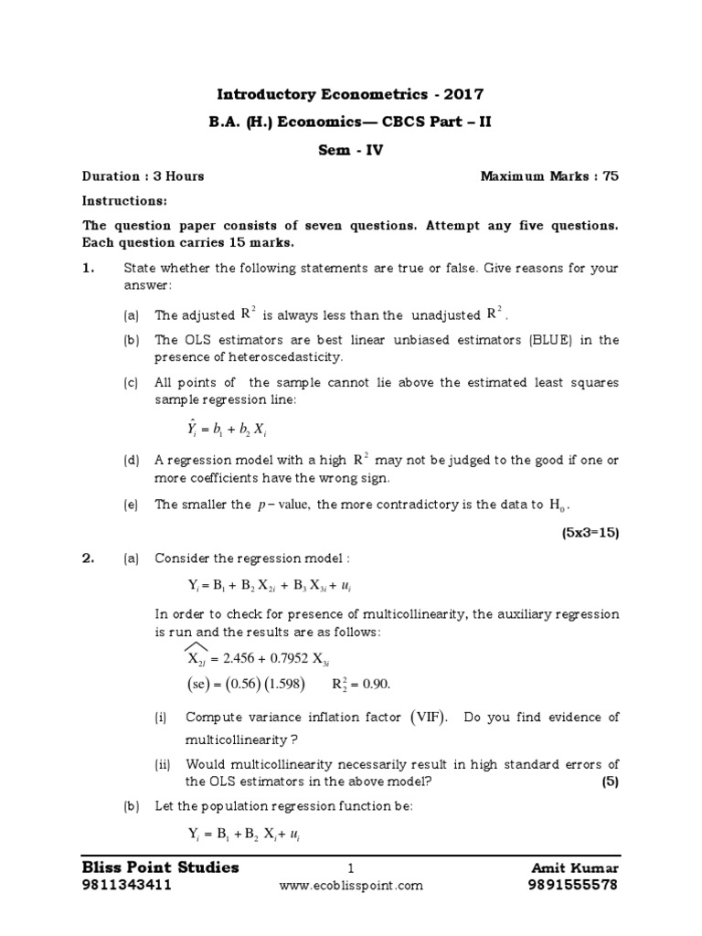 Econometrics Exam Questions and Solutions | PDF | Ordinary Least ...