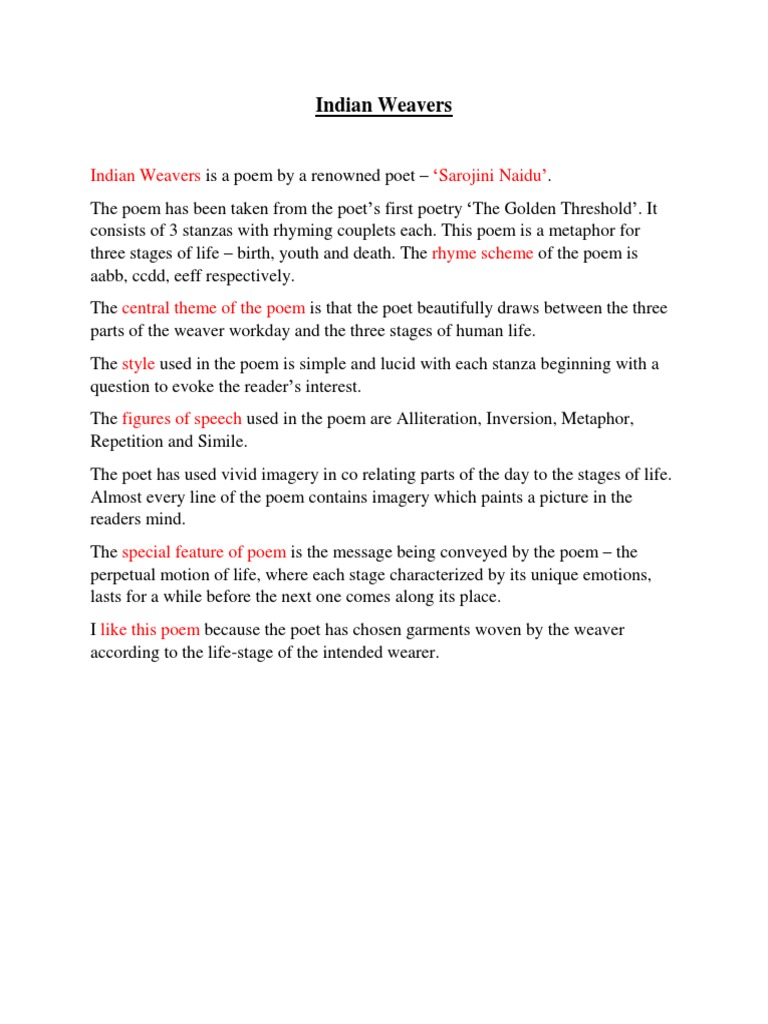 Indian Weavers - Poem Appreciation | PDF