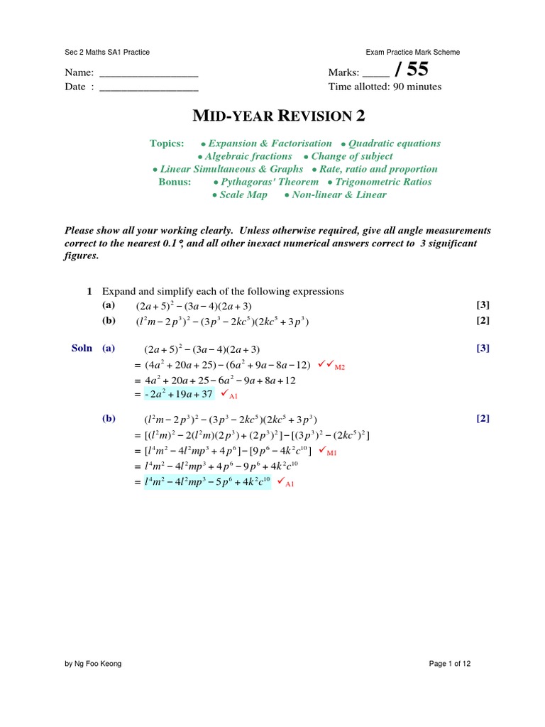 Sec 2 Maths SA1 Exam Practice Paper | PDF | Fahrenheit | Area