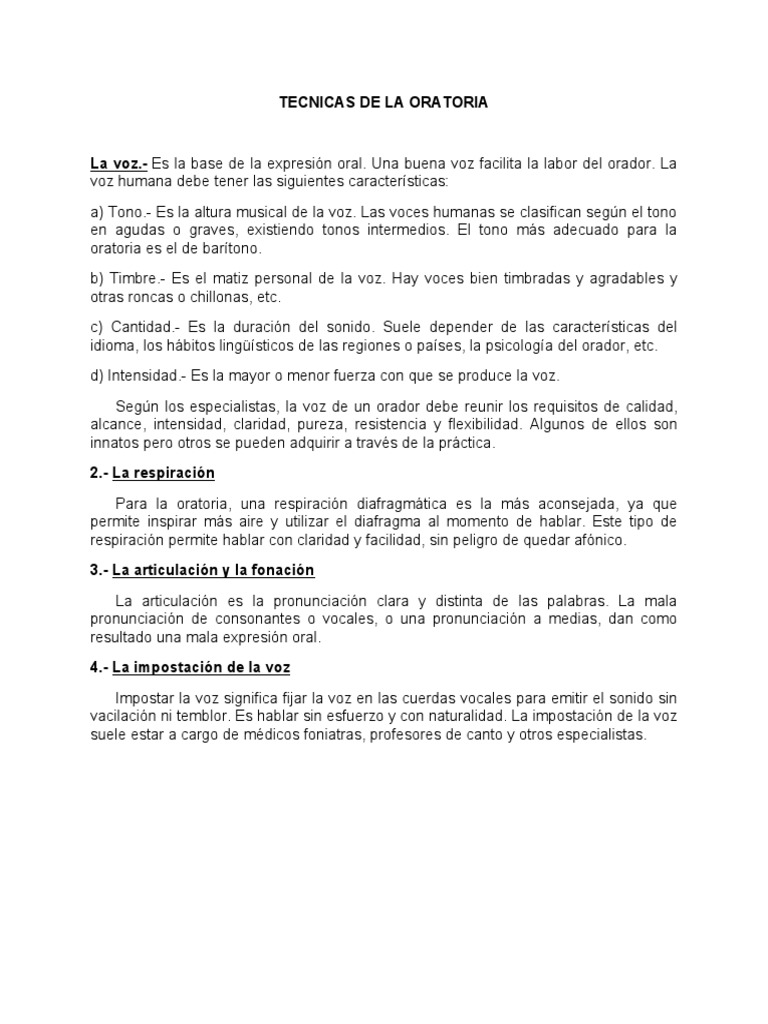 Tecnicas de La Oratoria | PDF | Canto | Sonido