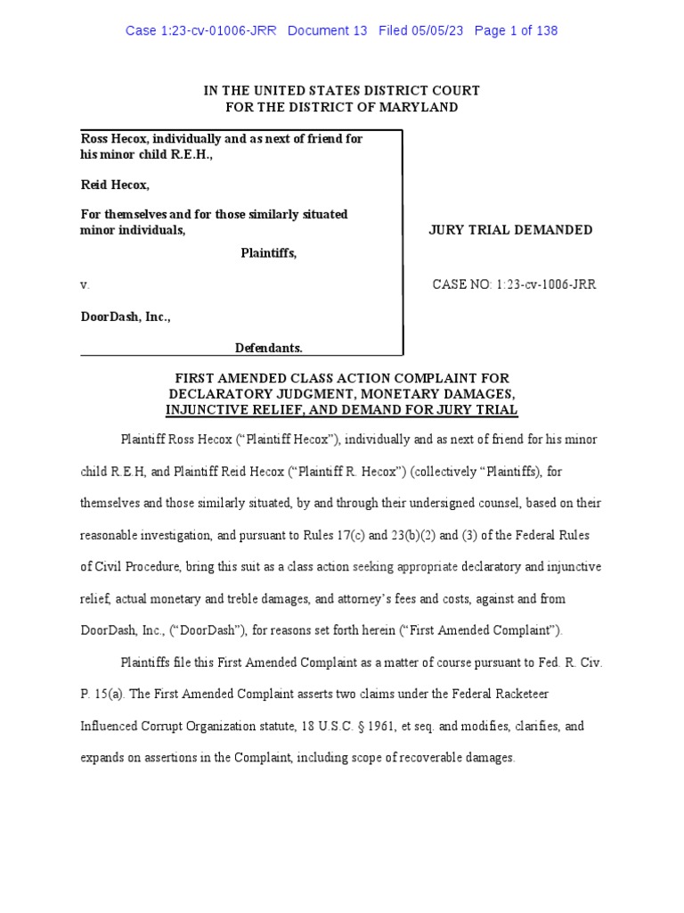 DoorDash Lawsuit PDF Complaint Racketeer Influenced And Corrupt