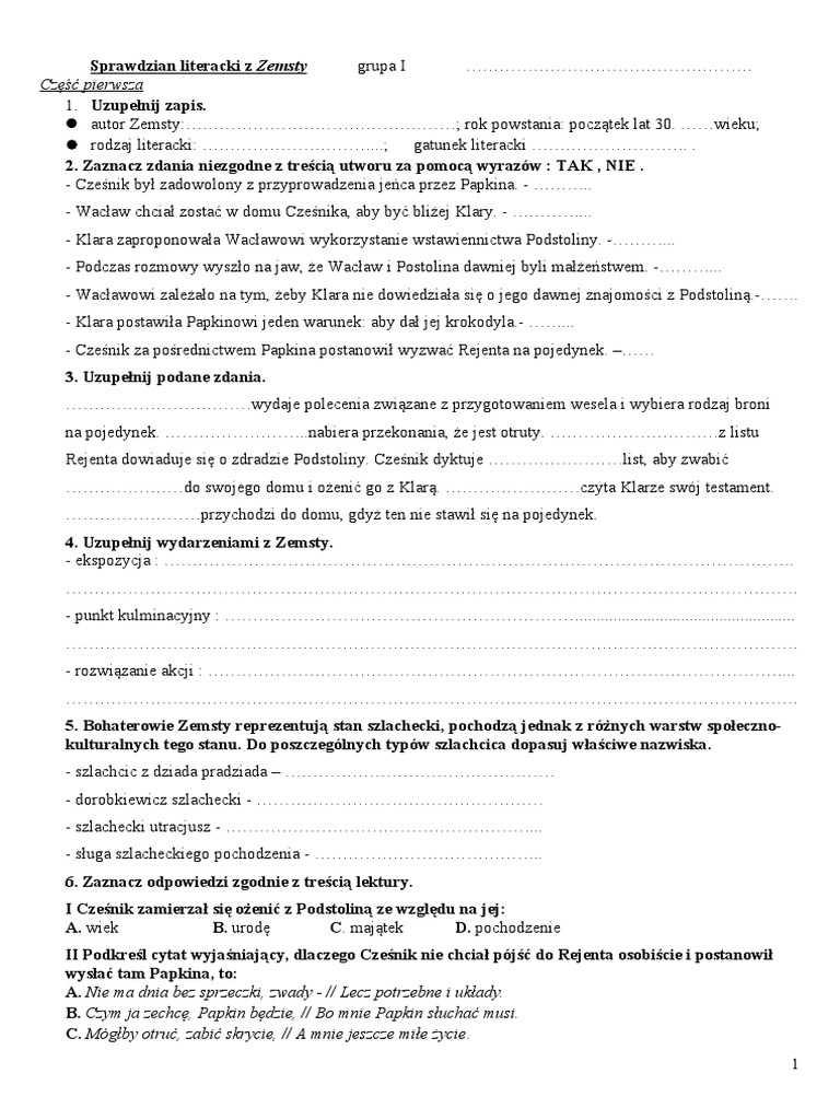 Sprawdzian Literacki Z Zemsty PDF