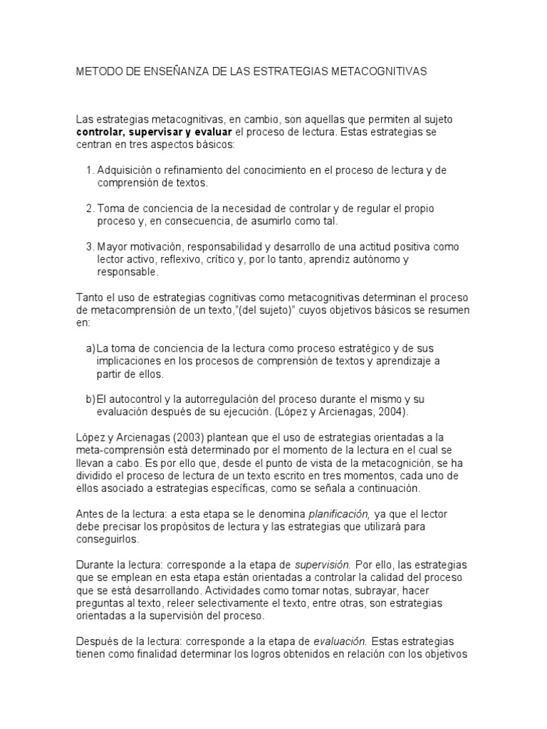 Estrategias Metacognitivas | PDF | Comprensión lectora | Teoria de la mente