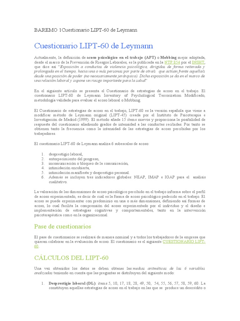 Cuestionario LIPT-60 de Leymann | PDF | Conflicto interpersonal ...