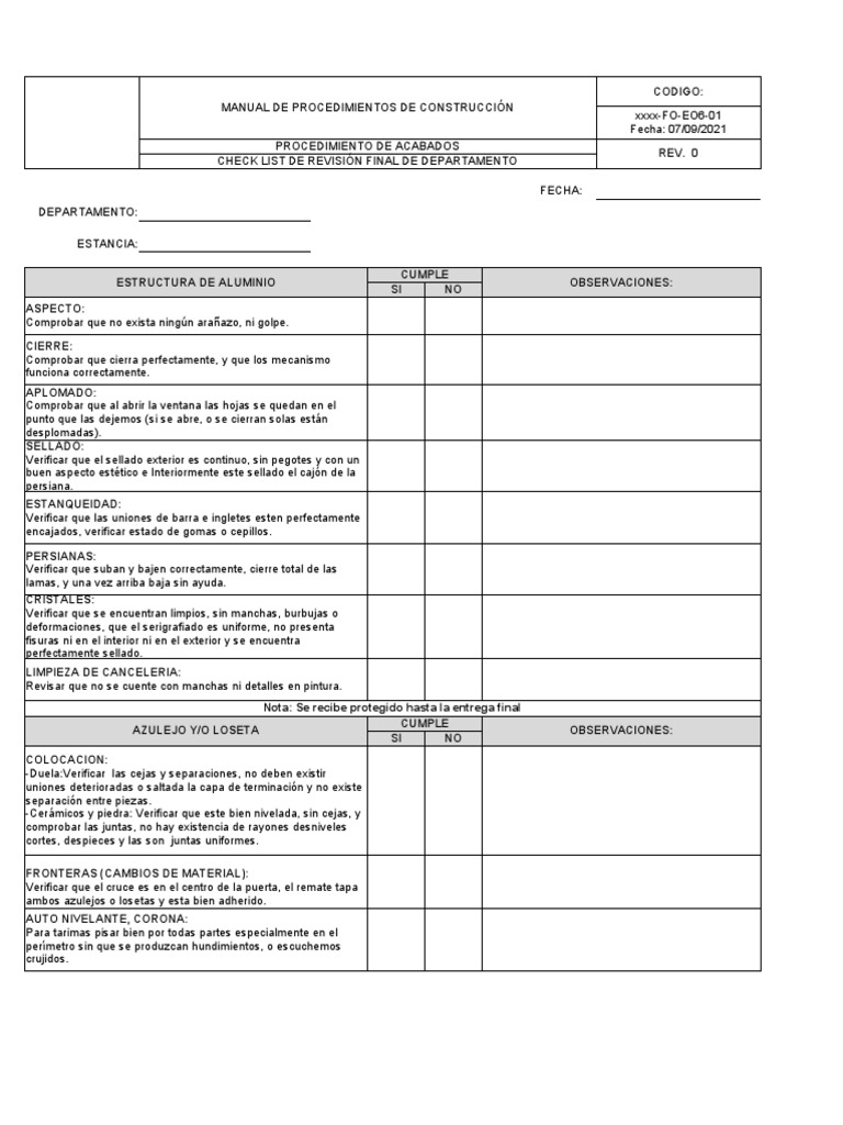 Checklist de Inspección de Departamentos Nuevos | PDF | Materiales de ...