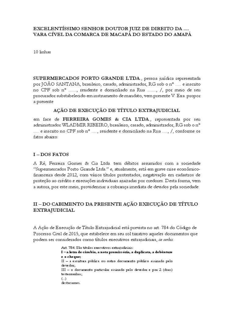 Modelo AÇÃO DE EXECUÇÃO DE TÍTULO EXTRAJUDICIAL | PDF | Falência | Nota ...