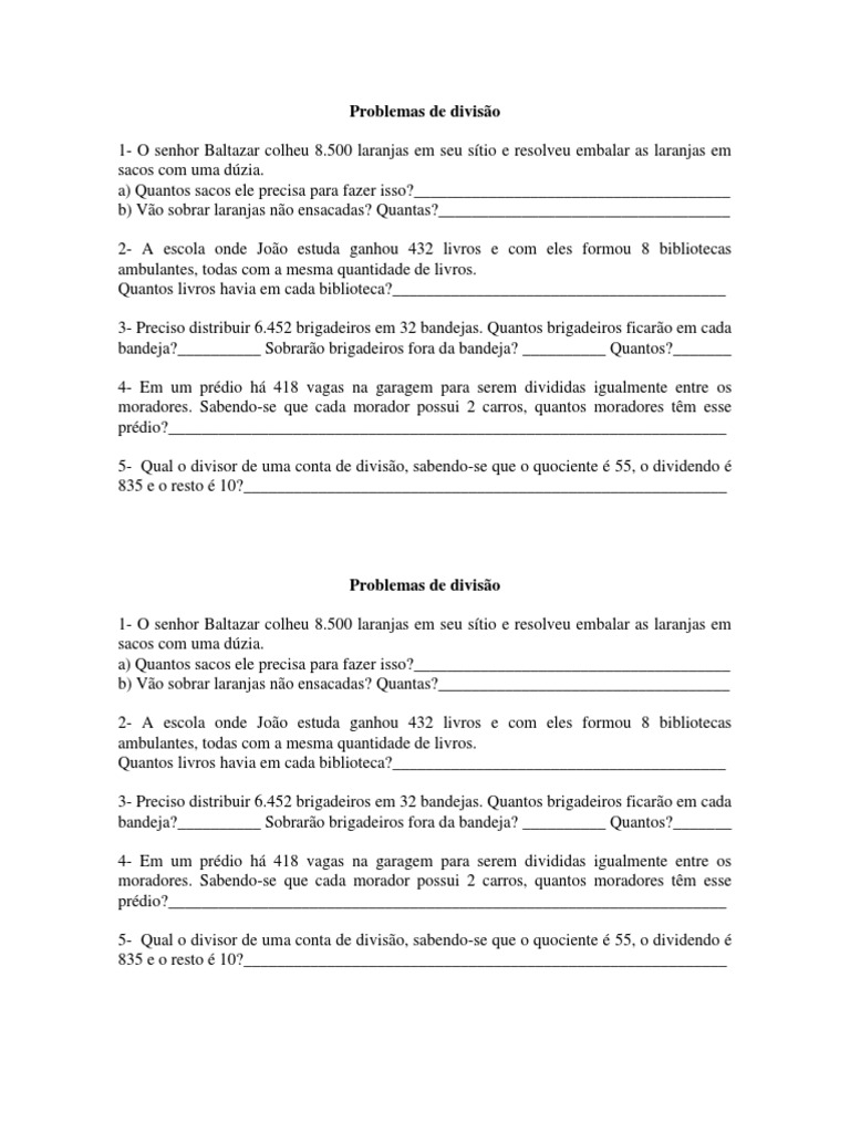 Problemas de Matemática de Divisão em PDF | PDF