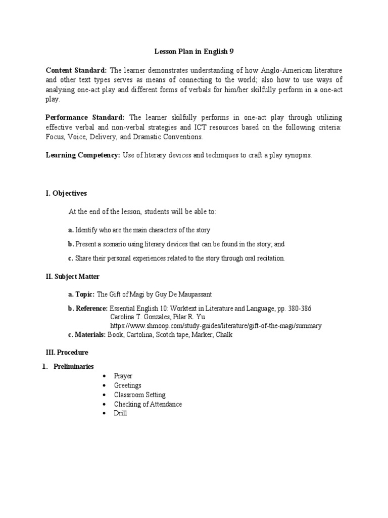 English 9 Lesson Plan: The Gift of Magi | PDF