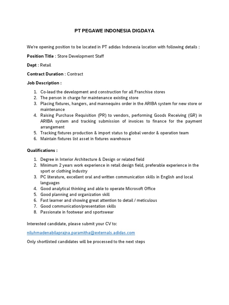 Job Vacancy For Store Development | PDF