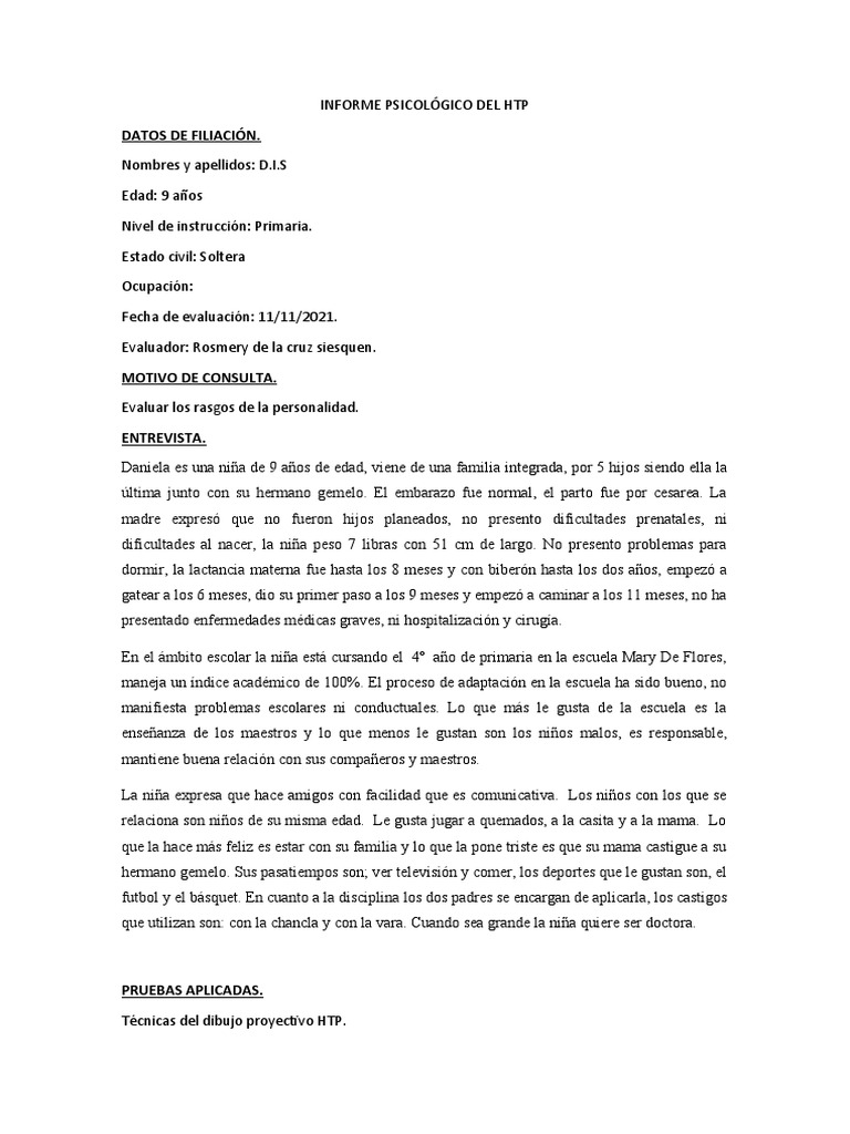 Informe psicológico HTP de niña de 9 años | PDF | Salud y bienestar