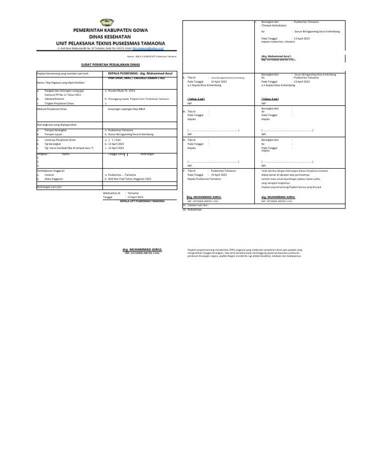Surat Perintah Perjalanan Dinas Puskesmas | PDF