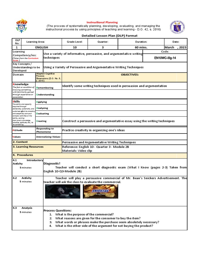 Detailed Lesson Plan for Persuasive Writing | PDF | Persuasion | Learning