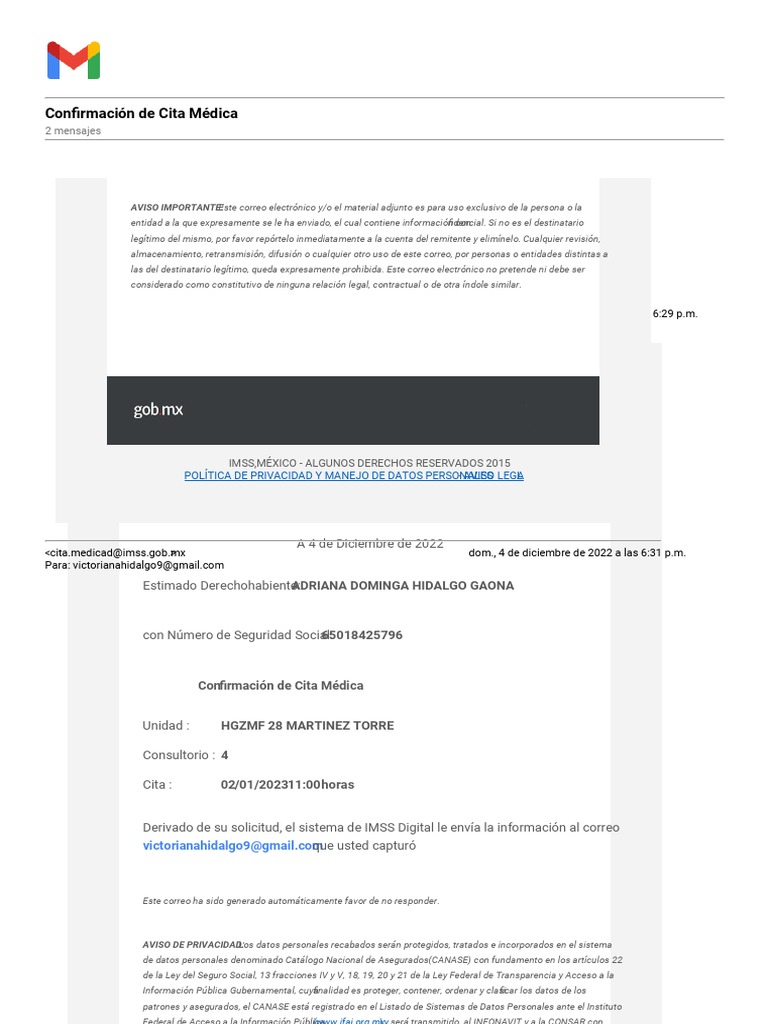 Gmail Confirmacion de Cita Medica 1 | PDF | Privacidad de la información