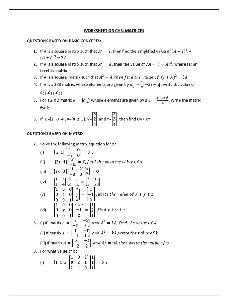 Class 12 Matrices Worksheet | PDF | Matrix (Mathematics) | Linear Algebra