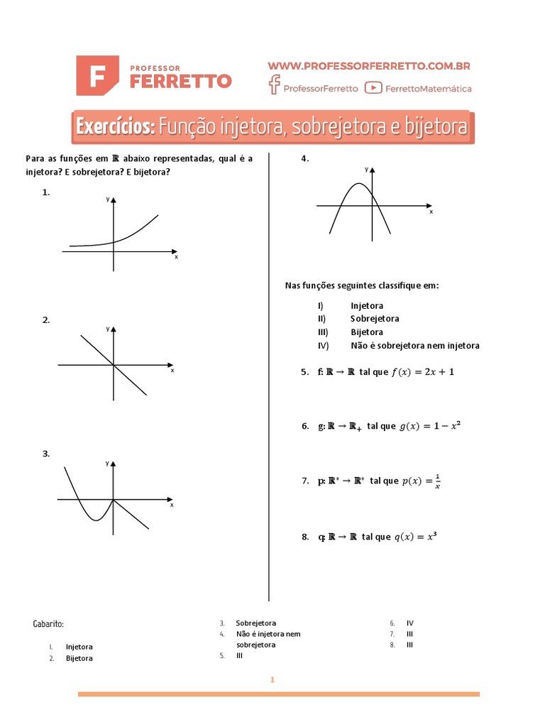 Exercícios: Função Injetora, Sobrejetora e Bijetora: Gabarito | PDF