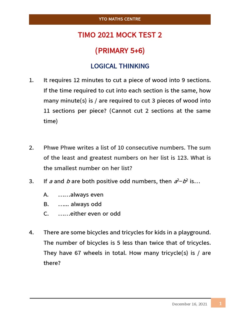 Timo 2021 Mock Test 2 Q | PDF | Area | Triangle